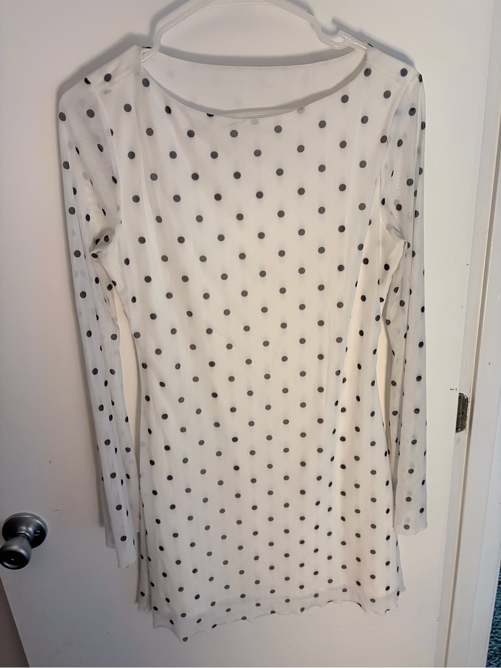 Polka Dot Long Sleeve Sheer Mesh Dress - White with Black Dots